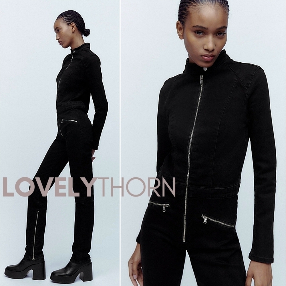 ZARA // ltd ed denim high collar long sleeve full zip stretch denim jumpsuit